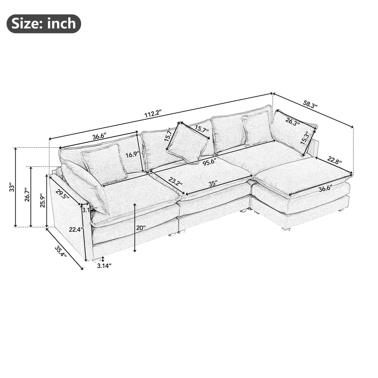 L-Shape Chenille Upholstered Sofa For Living Room Modern Luxury Sofa Couch With Ottoman And 5 Pillows For Living Room by Couch.com
