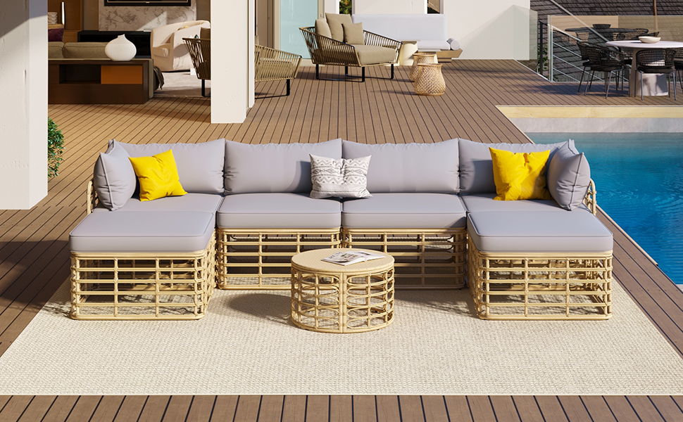 Outdoor Patio Furniture, All-Weather Rattan Sectional Sofa Set With Thick Cushions And Pillows, Freely Combined Conversation Sets For Garden, Backyard, Balcony by Couch.com