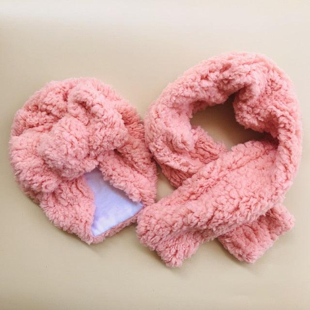 Baby Cotton Hat Autumn Winter Children Scarf Hat Sets Bowknot Ear Baby Girl Boy Warm Beanies Cap Neck Warmer Scarf Fleece Balaclava Hood Ski Mask Cold Weather Face Mask Neck Warmer Winter Nose Warmer