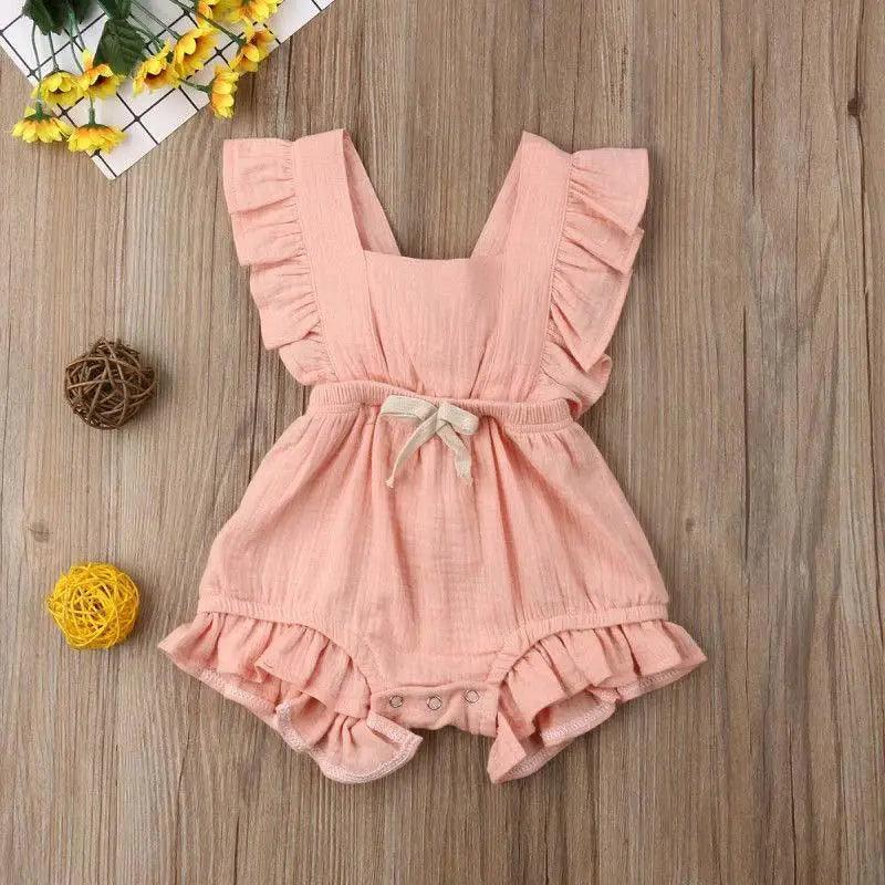 Baby Girl Ruffled Solid Color Sleeveless Backless Romper Jumpsuit Comfy Outfit Excellent Gift For Your Baby Girl