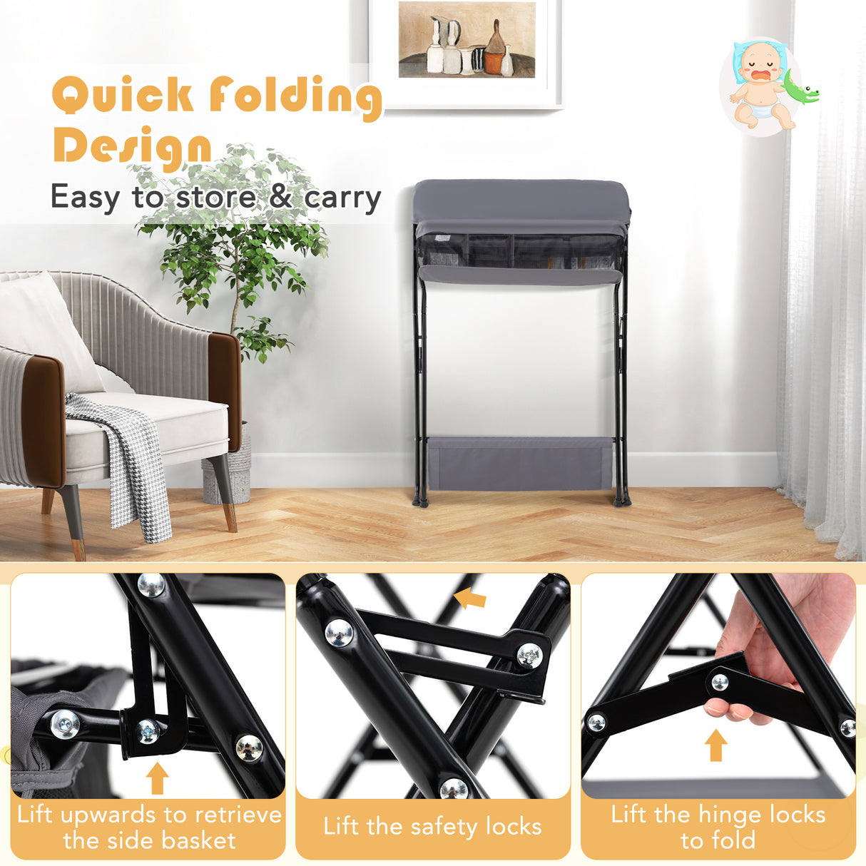 Baby Storage Folding Diaper Changing Table-Gray