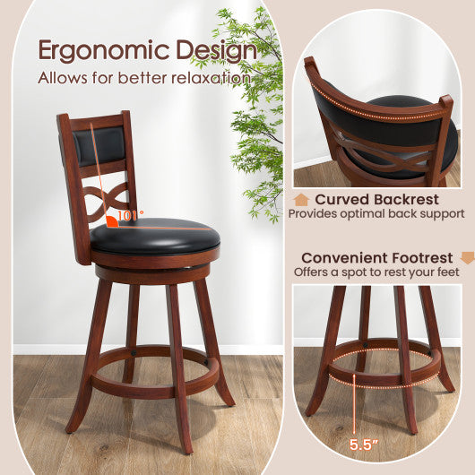 Bar Stools Set of 2 with Rubber Wood Frame and Faux Leather Upholstered Seat-24 Inch
