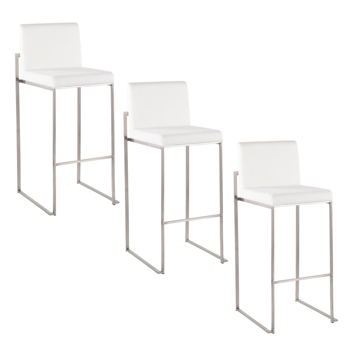 Three Fuji High Back Barstools featuring white cushioned seats and backs, each supported by sleek square metal legs, are arranged in descending height from left to right for a contemporary look.