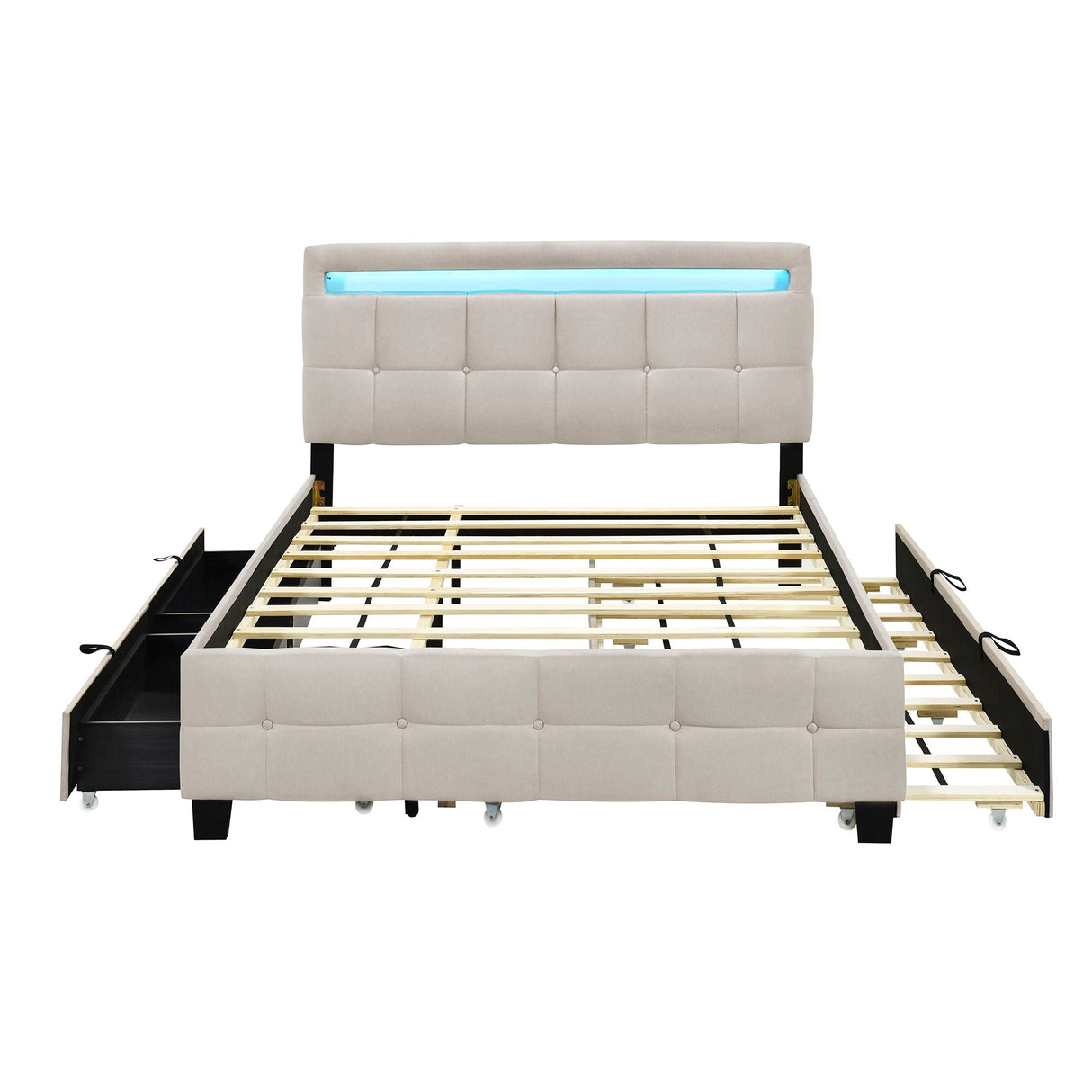 A beige upholstered platform bed features a tufted headboard with an LED light strip, and two storage drawers underneath, supported by wooden slats.