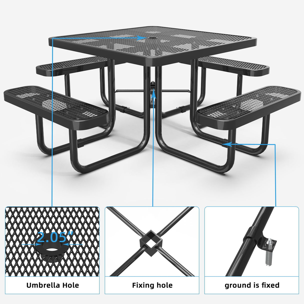 Square Outdoor Steel Picnic Table With Umbrella Pole - Black by Couch.com