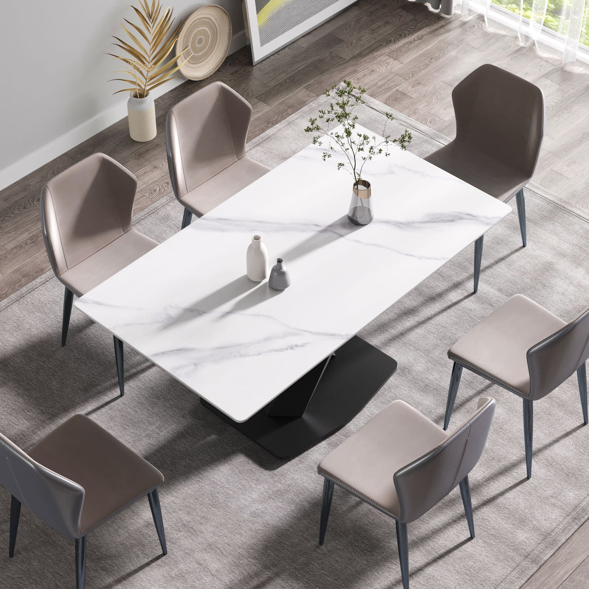 63" Modern Artificial Stone Straight Edge Metal X-Leg Dining Table, 6 People - White / Black by Couch.com
