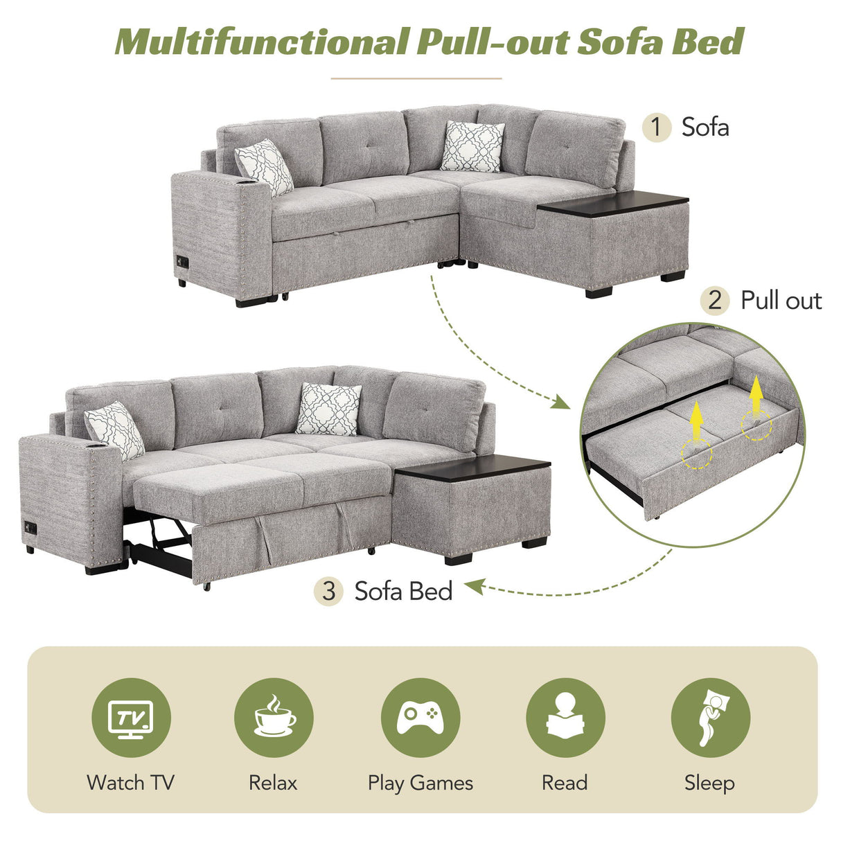 Sectional Pull-Out Sofa Bed L-Shaped Corner Sofa Couch With Storage Chaise, USB Ports, Power Sockets, Cup Holder For Living Room, Bedroom, Study by Couch.com