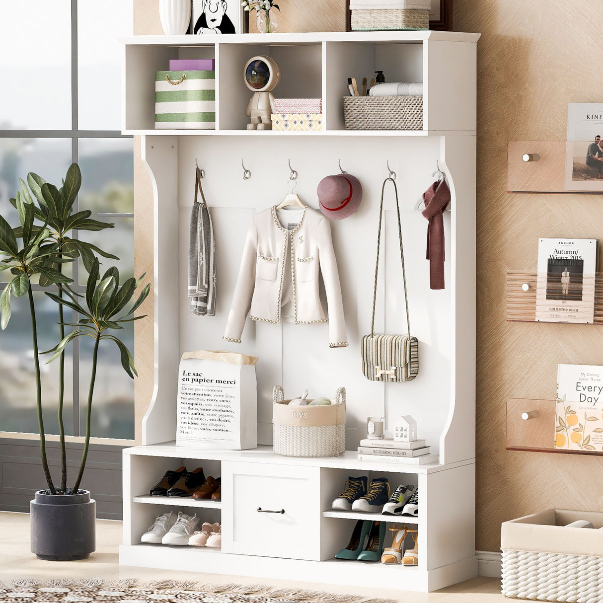 Hall Tree With 6 Hooks, Coat Hanger, Entryway Bench by Couch.com