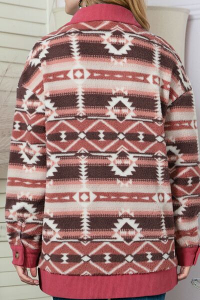 Retro Unique Geometric Print Corduroy Trim Button-Up Jacket Classic Modern Deep Rose Jacket