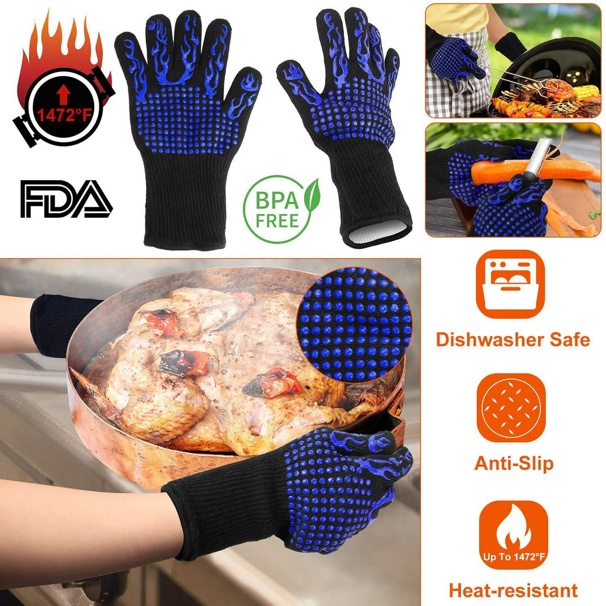BBQ Gloves 1472°F Heat Resistant Grill Gloves Anti-slip