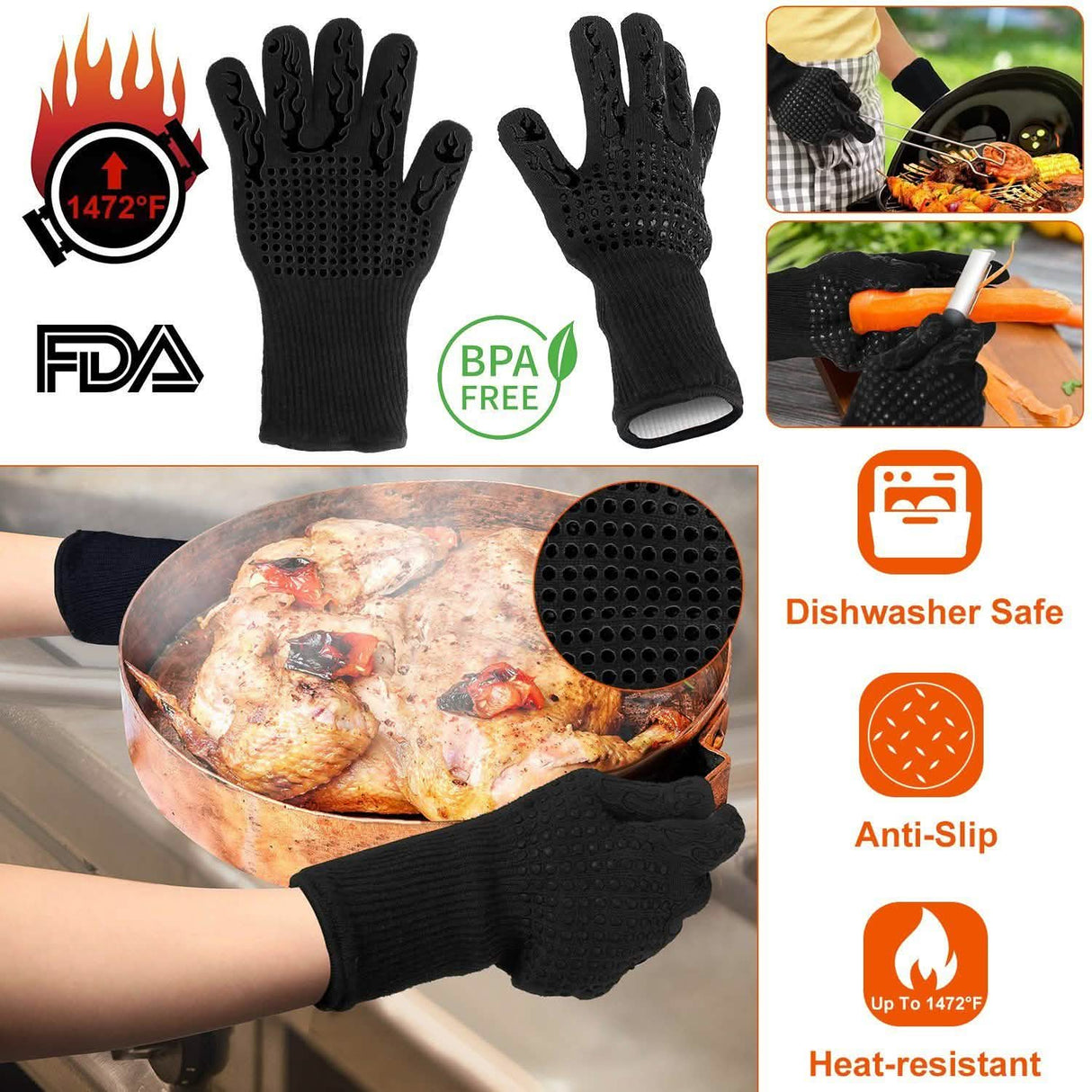 BBQ Gloves 1472°F Heat Resistant Grill Gloves Anti-slip
