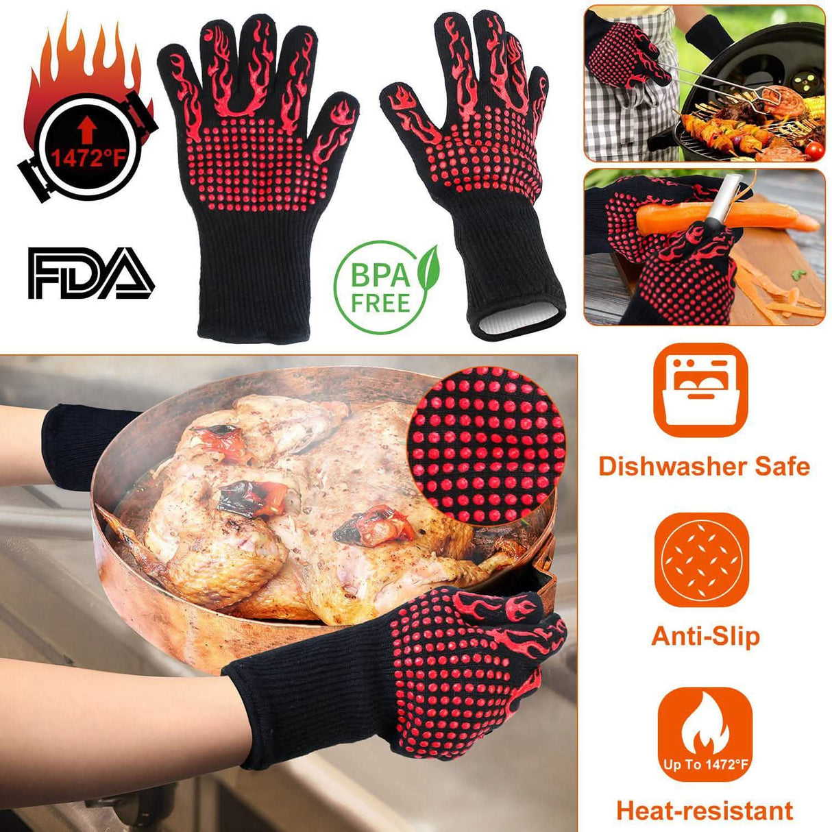 BBQ Gloves 1472°F Heat Resistant Grill Gloves Anti-slip