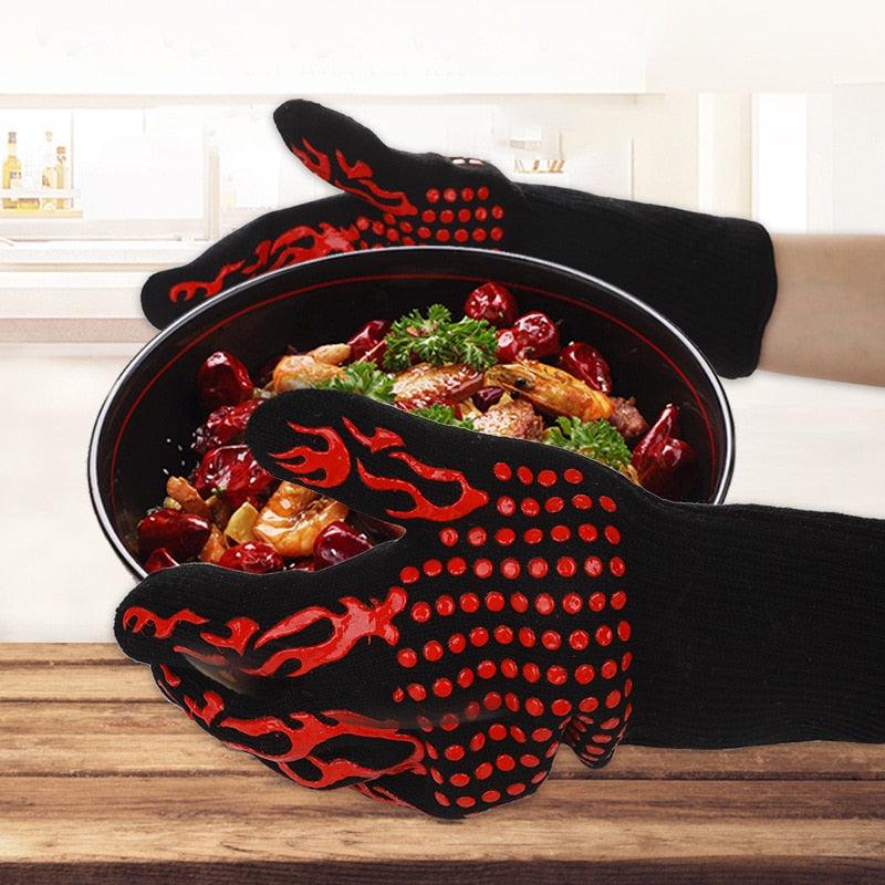 BBQ Gloves Silicone Heat-Resistant Glove Kitchen Microwave Oven Mitts 500 800 Degree Fireproof And Non-Slip Barbecue Gloves Kitchen Gloves Long Wrist Protect Non-Slip Silicone for Barbecue Cooking