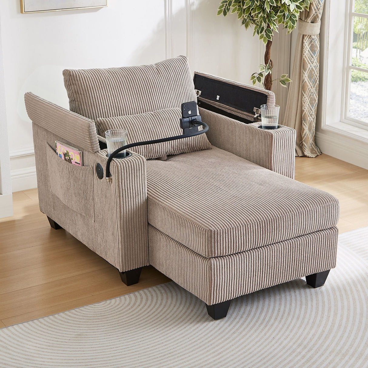 Convertible Chaise Lounge Sofa Chair With USB Ports, Cup Holders, Phone Holder And Storage by Couch.com