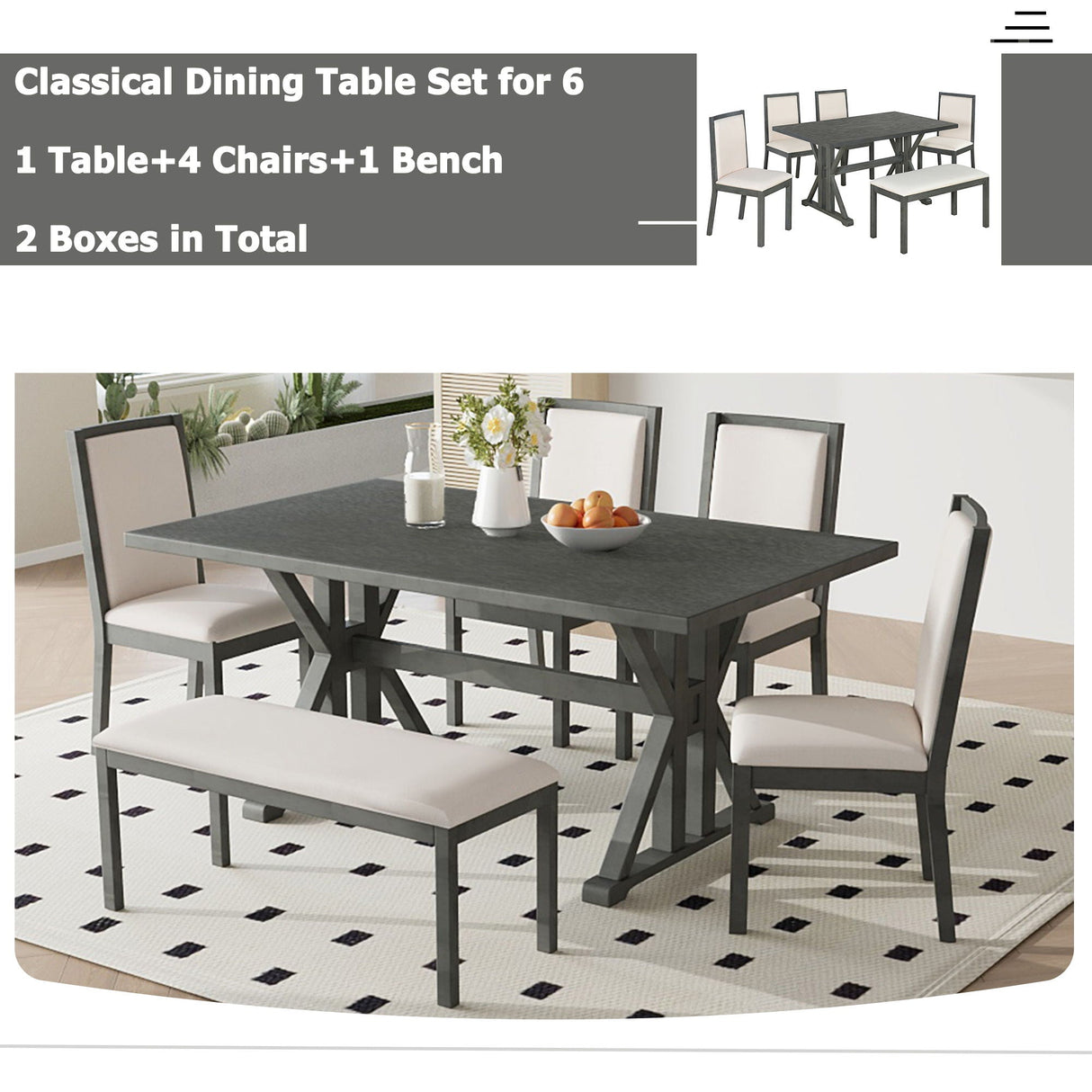 Topmax - 6 Piece Farmhouse Classical Dining Table Set With Trestle Legs, Kitchen Table Set For 6 With 4 Upholstered Dining Chairs And Bench by Couch.com