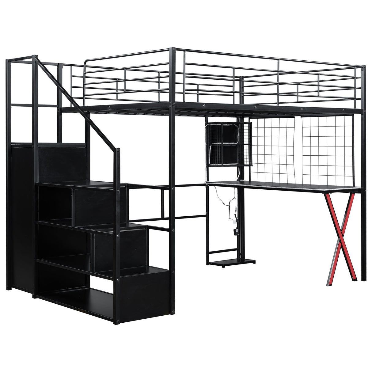 Loft Bed With Built In Work Station, Wardrobe, Storage Staircase And LED