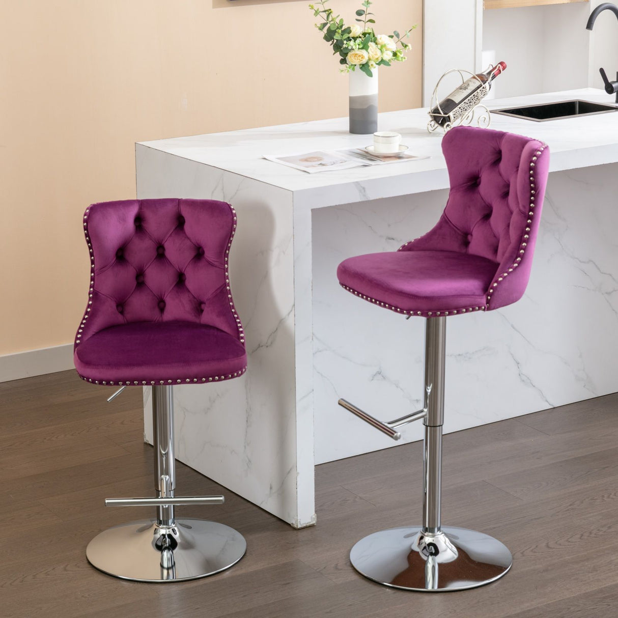 Swivel Velvet Barstools Adjusatble Seat Height From 25-33", Modern Upholstered Chrome Base Bar Stools With Backs Comfortable Tufted For Home Pub And Kitchen Island (Set of 2) by Couch.com