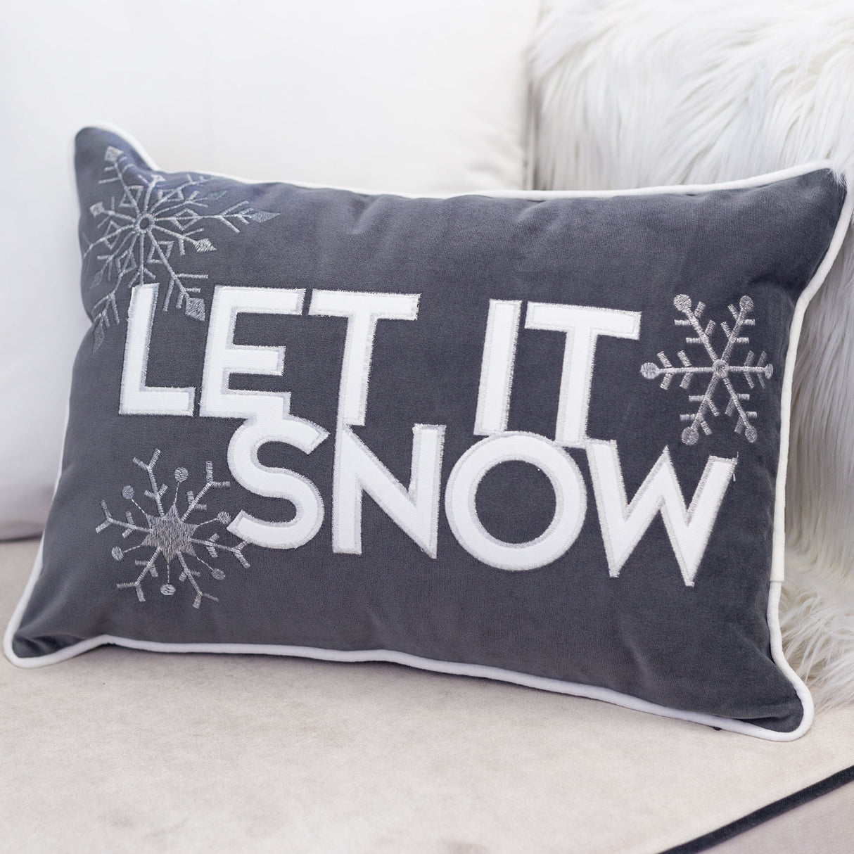Nneka Let It Snow Gray Velvet Lumbar Pillow with Insert 14x20