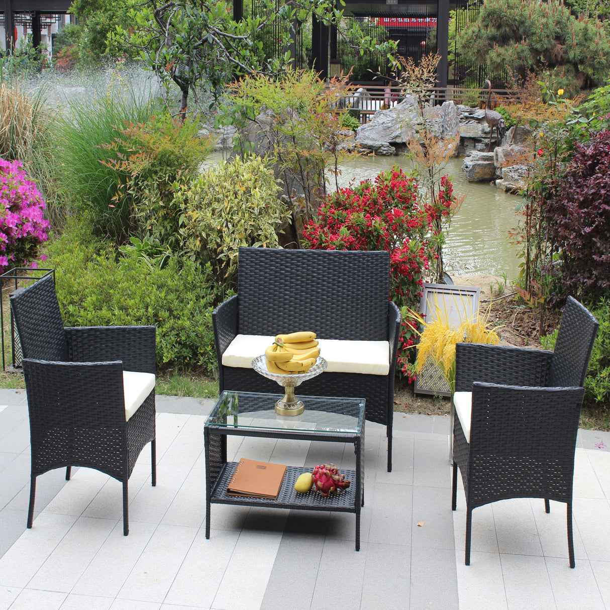 4 PC Rattan Patio Furniture Set Outdoor Cushioned Wicker Sofa