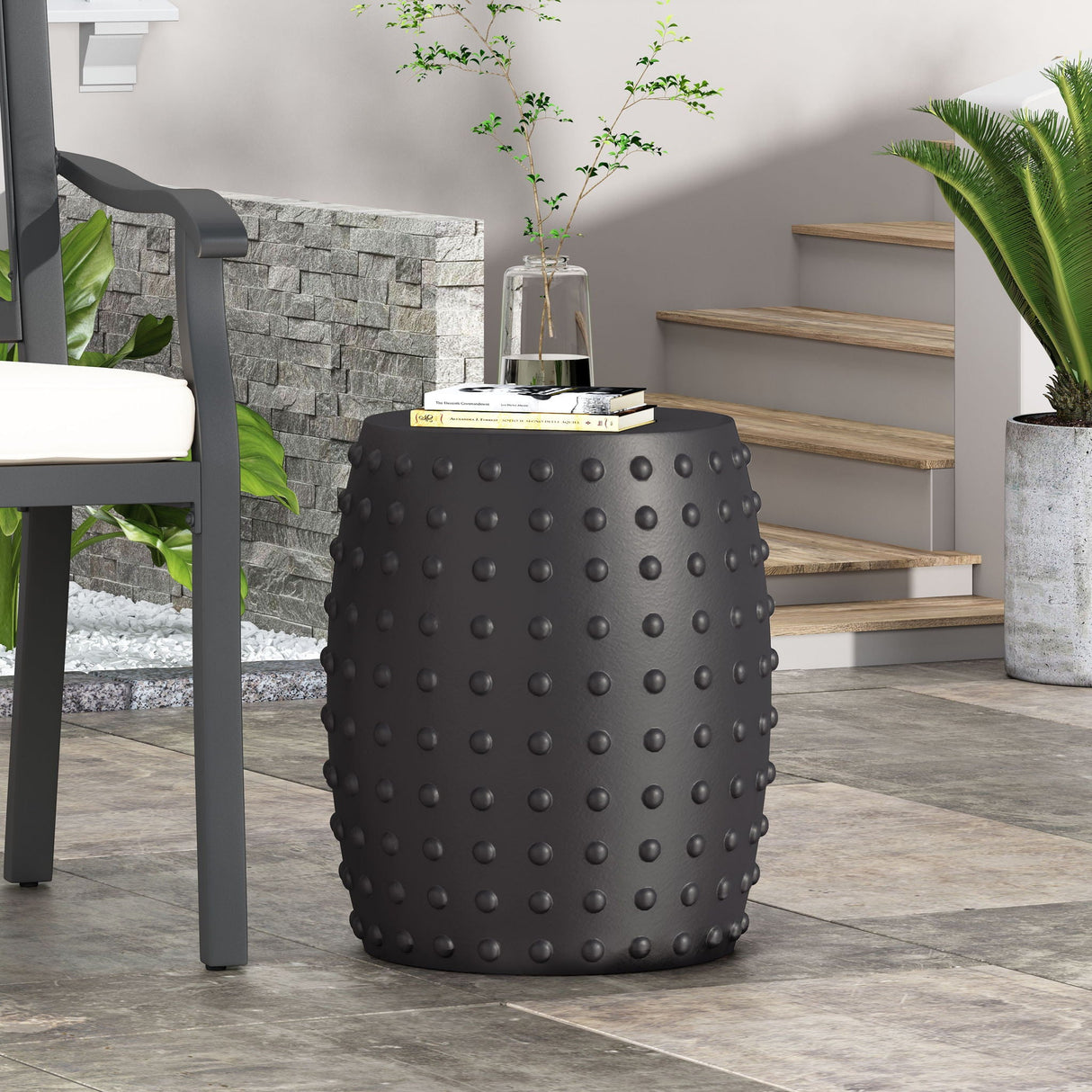 Outdoor End Table With Outstanding Studded Design - Matte Black by Couch.com