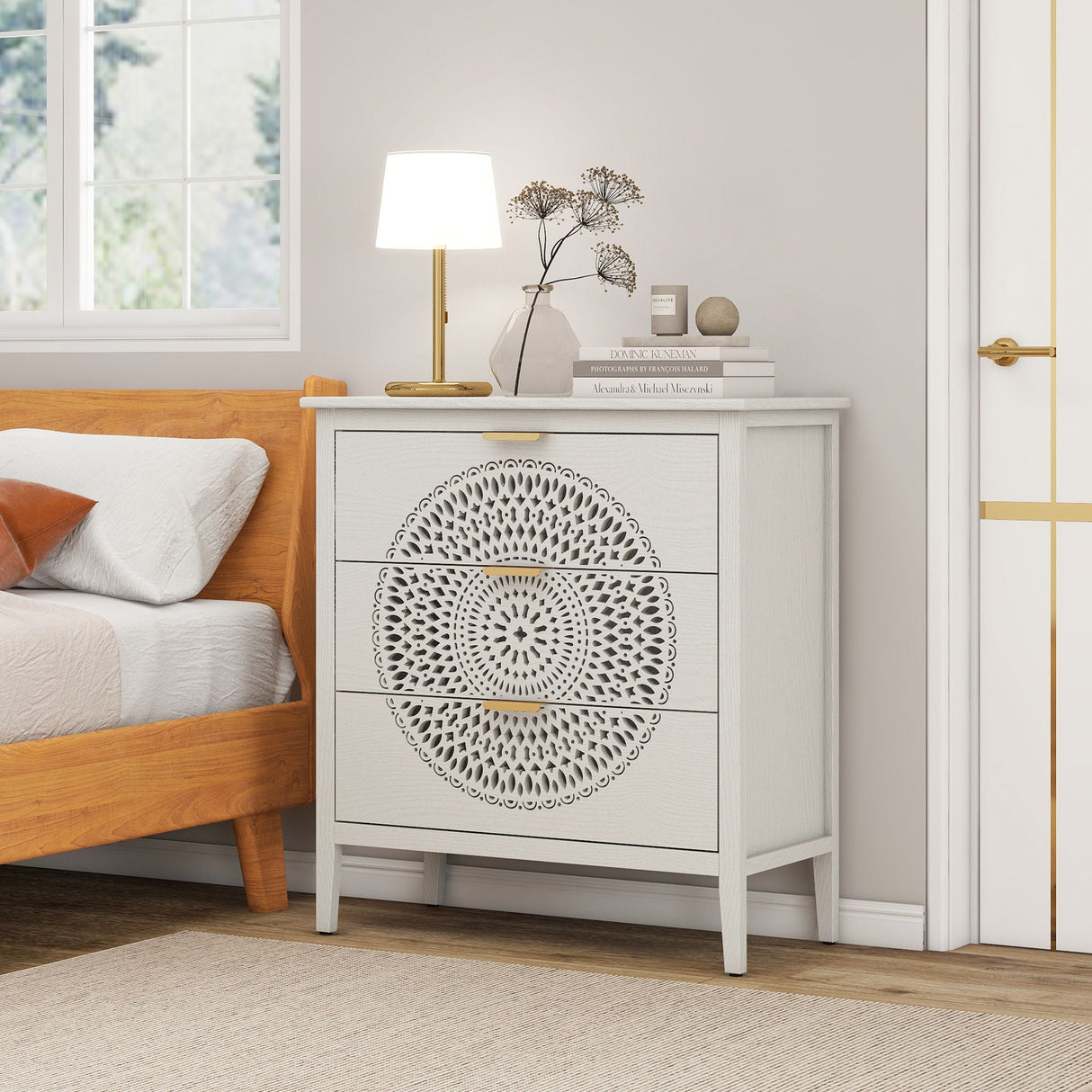 3 Drawer Cabinet With Hollow Carved 3 Drawer Dresser Storage Chest With Metal Handles For Entryway Living Room Bedroom - Beige by Couch.com