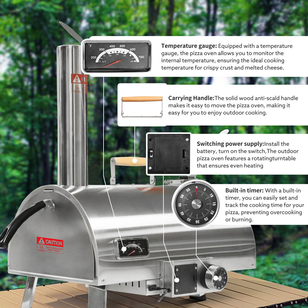 Pizza Oven Outdoor 12" Automatic Rotatable Pizza Ovens Portable Stainless Steel Wood Fired Pizza Oven Pizza Maker With Built-In Thermometer Pizza Cutter Carry Bag by Couch.com