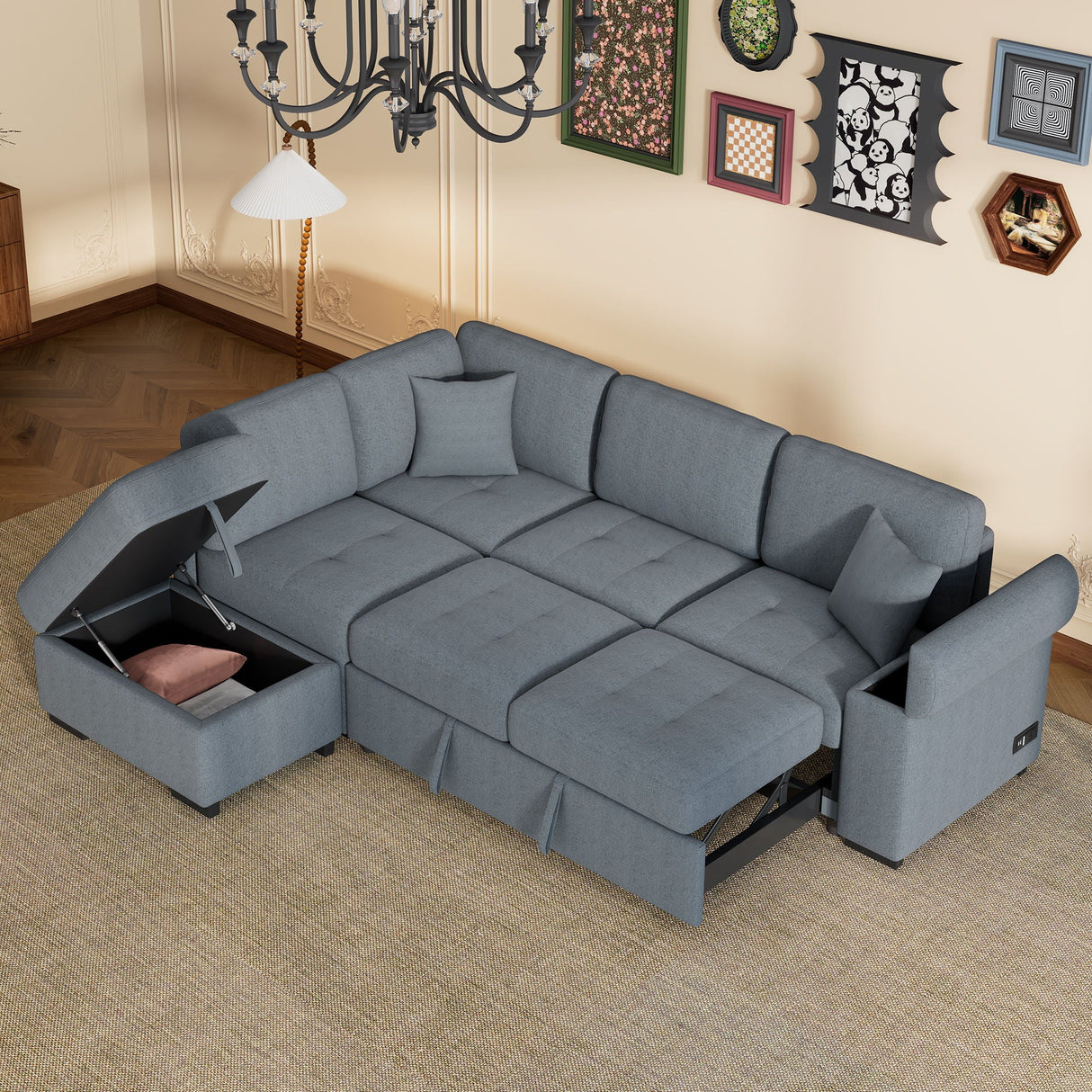Sleeper Sectional Sofa, L-Shape Corner Couch Sofa Bed With Storage Ottoman & Hidden Arm Storage & USB Charge For Living Room Apartment by Couch.com