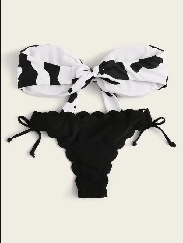 Beach Bikini Woman Lace Up Tie Strapless Leopard Swimsuit Women's Halter Bikini V Cut Bottom Lace Up Two Piece Swimsuits Female Push Up Ruffled Bow Bathing Suit Thong Swimwear