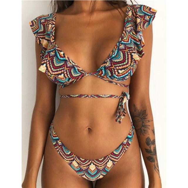 Beach Bikini Woman Lace Up Tie Strapless Leopard Swimsuit Women's Halter Bikini V Cut Bottom Lace Up Two Piece Swimsuits Female Push Up Ruffled Bow Bathing Suit Thong Swimwear
