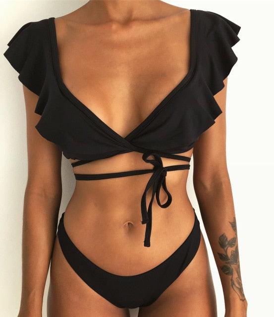 Beach Bikini Woman Lace Up Tie Strapless Leopard Swimsuit Women's Halter Bikini V Cut Bottom Lace Up Two Piece Swimsuits Female Push Up Ruffled Bow Bathing Suit Thong Swimwear