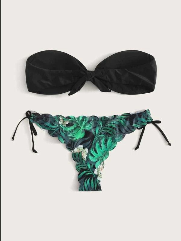 Beach Bikini Woman Lace Up Tie Strapless Leopard Swimsuit Women's Halter Bikini V Cut Bottom Lace Up Two Piece Swimsuits Female Push Up Ruffled Bow Bathing Suit Thong Swimwear