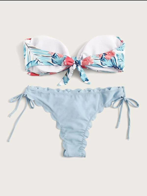 Beach Bikini Woman Lace Up Tie Strapless Leopard Swimsuit Women's Halter Bikini V Cut Bottom Lace Up Two Piece Swimsuits Female Push Up Ruffled Bow Bathing Suit Thong Swimwear