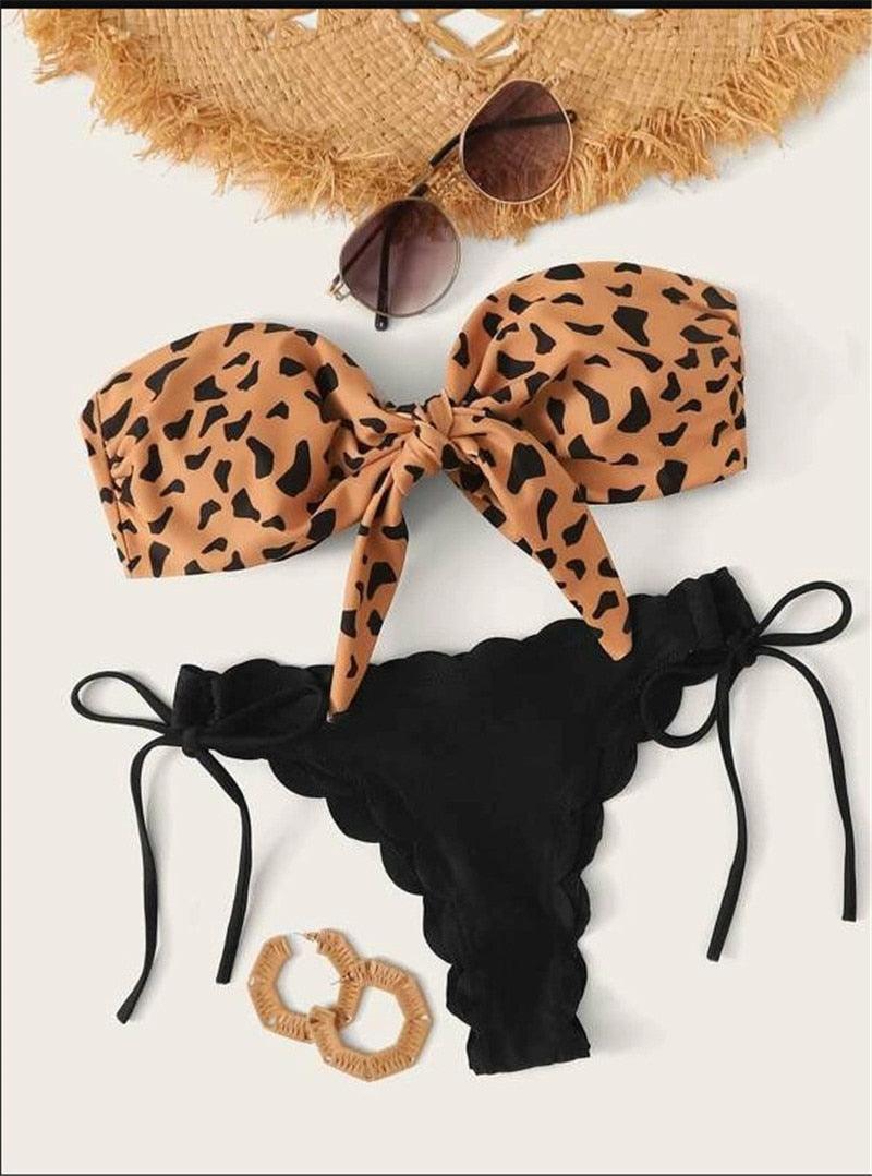 Beach Bikini Woman Lace Up Tie Strapless Leopard Swimsuit Women's Halter Bikini V Cut Bottom Lace Up Two Piece Swimsuits Female Push Up Ruffled Bow Bathing Suit Thong Swimwear