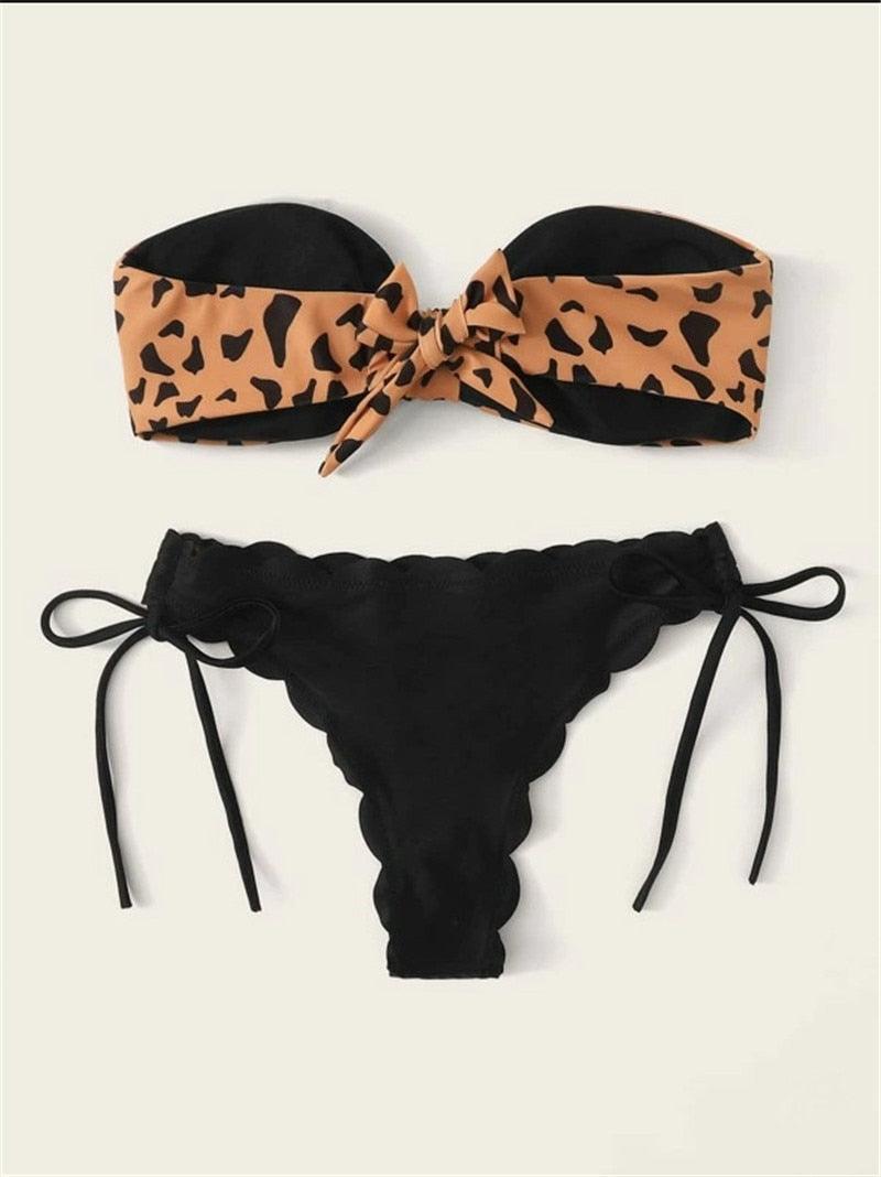 Beach Bikini Woman Lace Up Tie Strapless Leopard Swimsuit Women's Halter Bikini V Cut Bottom Lace Up Two Piece Swimsuits Female Push Up Ruffled Bow Bathing Suit Thong Swimwear