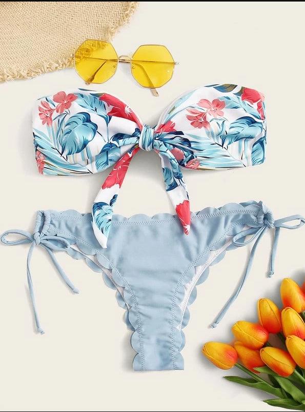 Beach Bikini Woman Lace Up Tie Strapless Leopard Swimsuit Women's Halter Bikini V Cut Bottom Lace Up Two Piece Swimsuits Female Push Up Ruffled Bow Bathing Suit Thong Swimwear