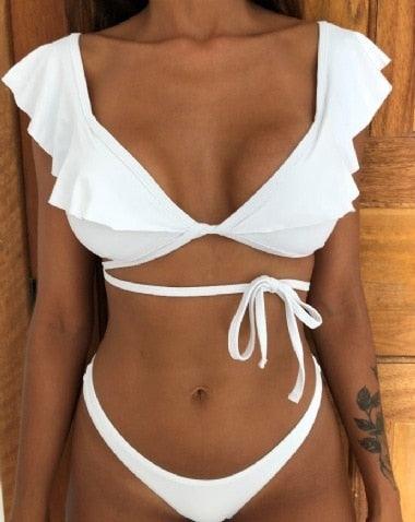 Beach Bikini Woman Lace Up Tie Strapless Leopard Swimsuit Women's Halter Bikini V Cut Bottom Lace Up Two Piece Swimsuits Female Push Up Ruffled Bow Bathing Suit Thong Swimwear