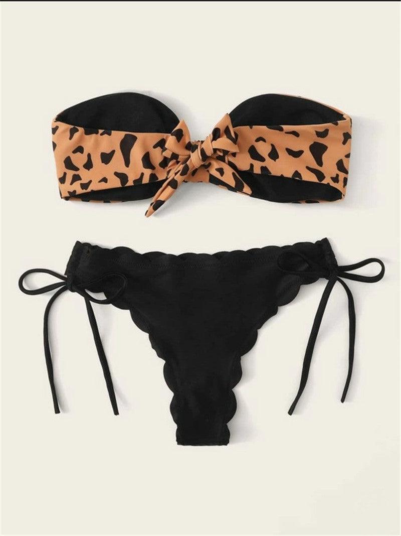 Beach Bikini Woman Lace Up Tie Strapless Leopard Swimsuit Women's Halter Bikini V Cut Bottom Lace Up Two Piece Swimsuits Female Push Up Ruffled Bow Bathing Suit Thong Swimwear