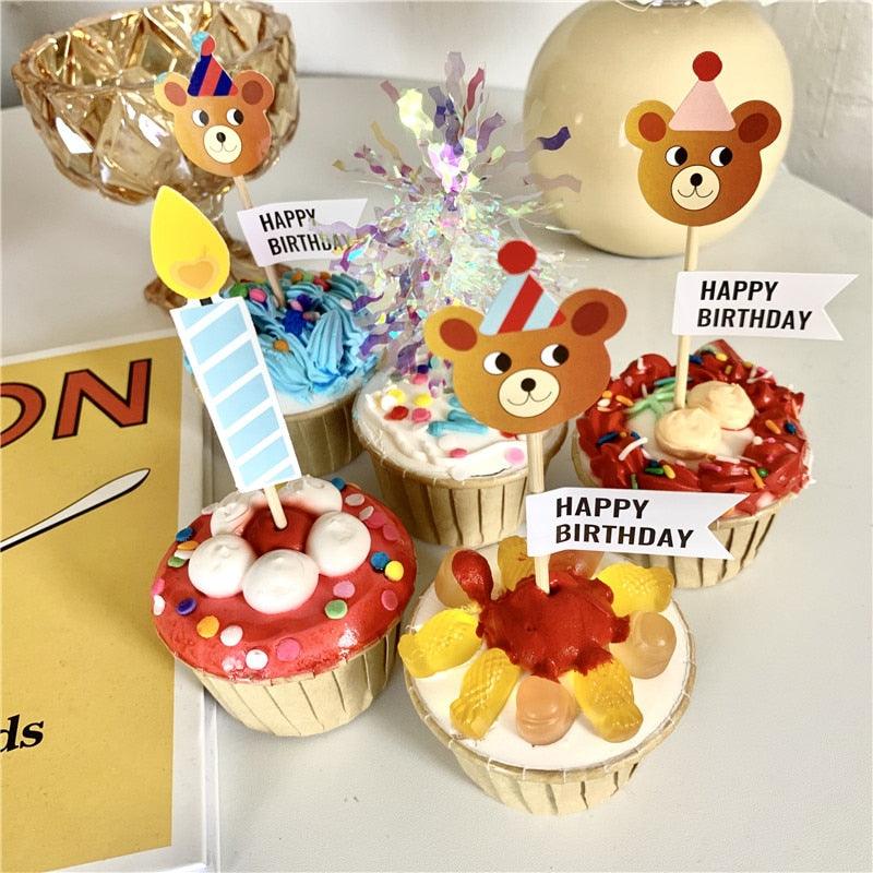 Bear Candle Birthday Cake Props Topper Card Cute Fantasy Cup Dessert Smiley Love Bear Table Dress Up Cake Props Party Cake Decor Supplies Toppers Birthday Cupcake Topper Various Cake Decorations for Birthday Party Photo Prop