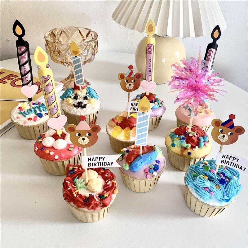 Bear Candle Birthday Cake Props Topper Card Cute Fantasy Cup Dessert Smiley Love Bear Table Dress Up Cake Props Party Cake Decor Supplies Toppers Birthday Cupcake Topper Various Cake Decorations for Birthday Party Photo Prop