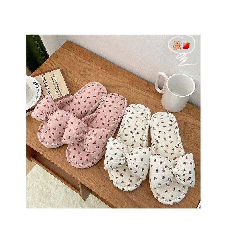 Beautiful Bow Flat Lightweight Soft Spring Autumn Women Cotton Shoes Indoor Fluffy Warm Home Comfortable High Quality Slippers Memory Foam Open Toe Slide Slippers Ribbon Strap Slip-On House Shoes