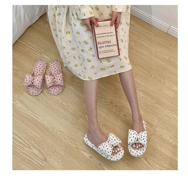 Beautiful Bow Flat Lightweight Soft Spring Autumn Women Cotton Shoes Indoor Fluffy Warm Home Comfortable High Quality Slippers Memory Foam Open Toe Slide Slippers Ribbon Strap Slip-On House Shoes