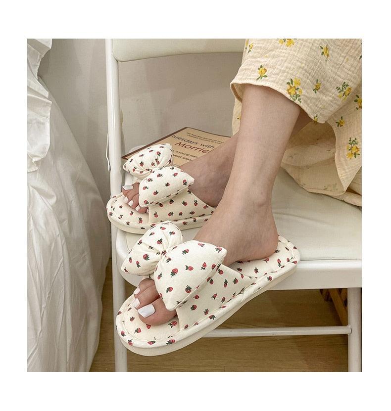 Beautiful Bow Flat Lightweight Soft Spring Autumn Women Cotton Shoes Indoor Fluffy Warm Home Comfortable High Quality Slippers Memory Foam Open Toe Slide Slippers Ribbon Strap Slip-On House Shoes