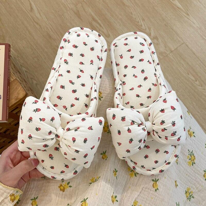 Beautiful Bow Flat Lightweight Soft Spring Autumn Women Cotton Shoes Indoor Fluffy Warm Home Comfortable High Quality Slippers Memory Foam Open Toe Slide Slippers Ribbon Strap Slip-On House Shoes
