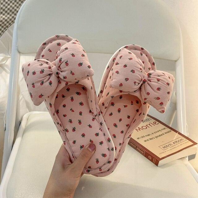 Beautiful Bow Flat Lightweight Soft Spring Autumn Women Cotton Shoes Indoor Fluffy Warm Home Comfortable High Quality Slippers Memory Foam Open Toe Slide Slippers Ribbon Strap Slip-On House Shoes