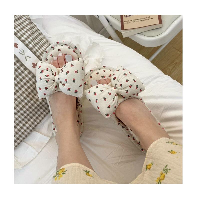 Beautiful Bow Flat Lightweight Soft Spring Autumn Women Cotton Shoes Indoor Fluffy Warm Home Comfortable High Quality Slippers Memory Foam Open Toe Slide Slippers Ribbon Strap Slip-On House Shoes