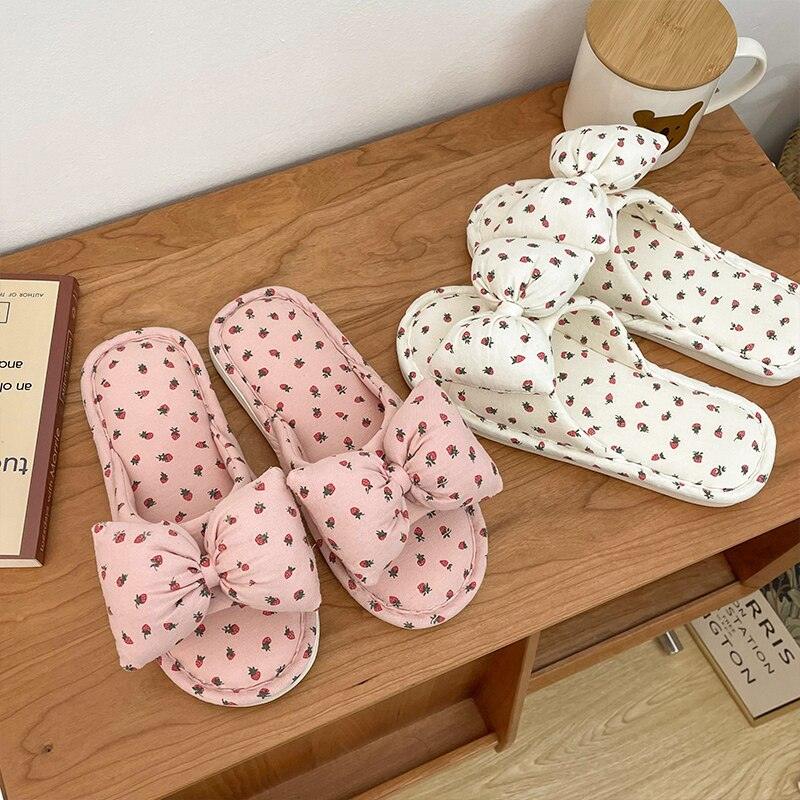 Beautiful Bow Flat Lightweight Soft Spring Autumn Women Cotton Shoes Indoor Fluffy Warm Home Comfortable High Quality Slippers Memory Foam Open Toe Slide Slippers Ribbon Strap Slip-On House Shoes