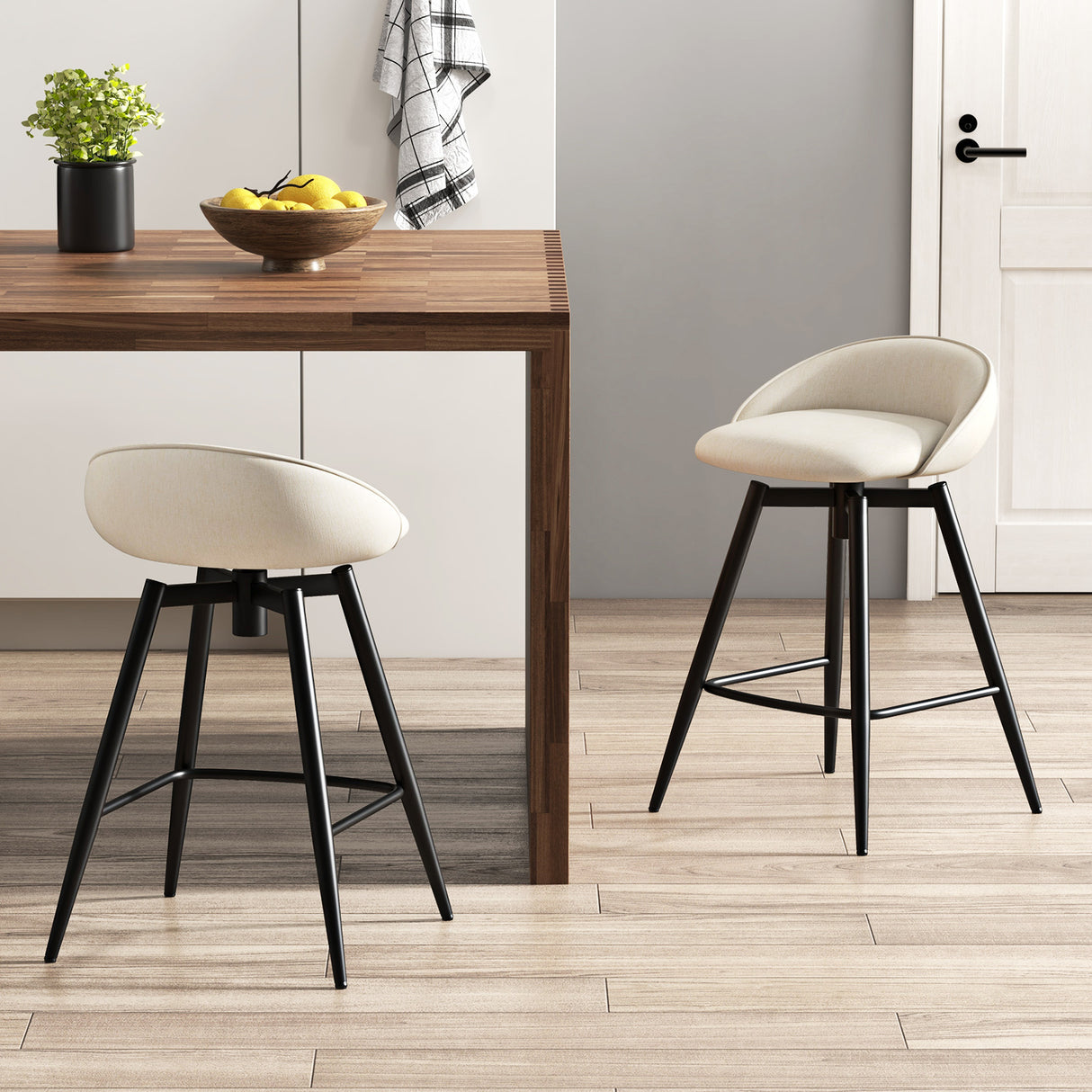 Upholstered Bar Stools Set of 2 with Footrest and Backrest-Beige