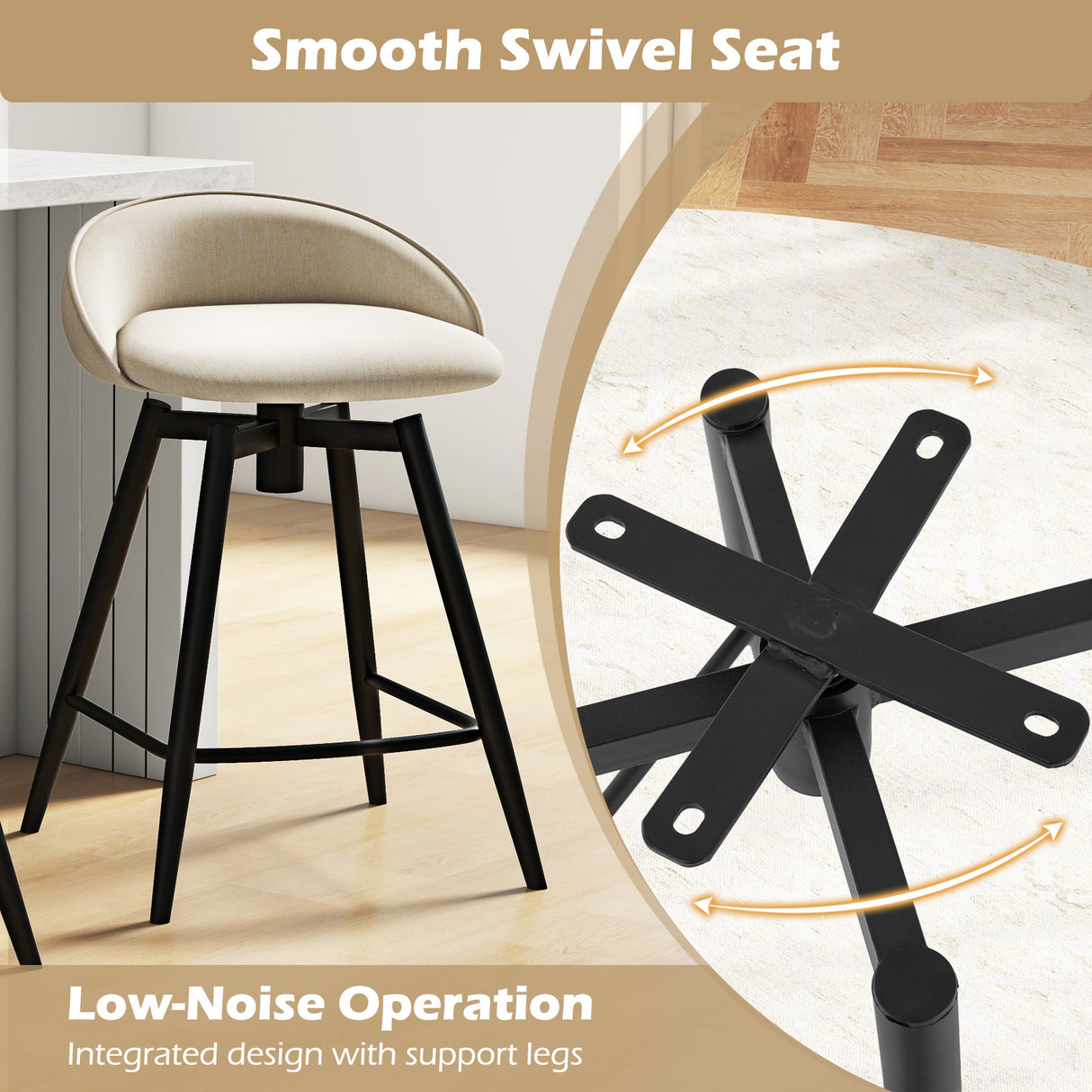 Upholstered Bar Stools Set of 2 with Footrest and Backrest-Beige