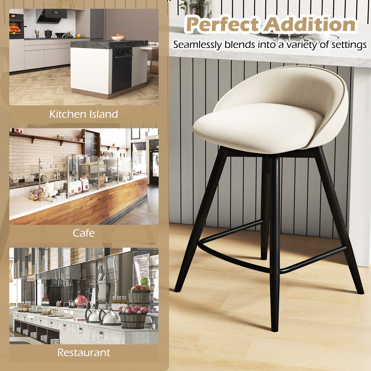 Upholstered Bar Stools Set of 2 with Footrest and Backrest-Beige