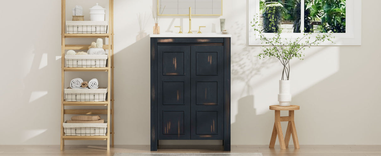 Vintage Style Small Bathroom Vanity Combo With Ceramic Sink, 2 Soft-Close Doors - Espresso by Couch.com